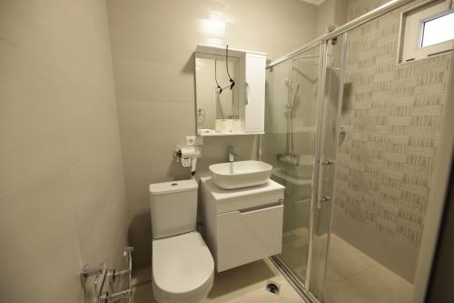 a bathroom with a toilet and a sink and a shower at Hotel Harmony Premium in Kutaisi