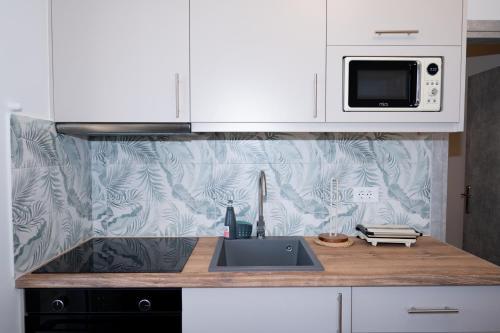 a kitchen with a sink and a microwave at Smiles Apartments With Panoramic View in Zipárion