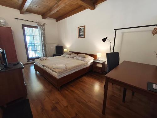 a bedroom with a bed and a table and a desk at Penzion V Podzámčí Litomyšl in Litomyšl