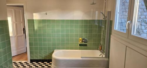 a green tiled bathroom with a tub and a sink at Marmouset in Theux