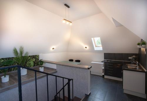 - une cuisine avec un comptoir et une cuisinière dans l'établissement Avanti Apartman - Avanti Top, à Balatonboglár