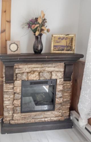 a fireplace with a vase on top of it at CanaanLand in Littleton