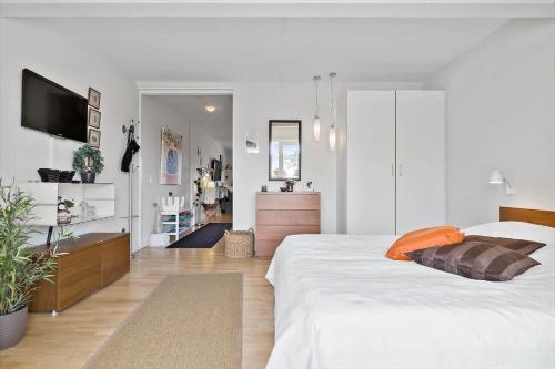 a white bedroom with a large bed and a television at 5566-Gudhjem-Kirkevej-10-lejl-12 in Gudhjem