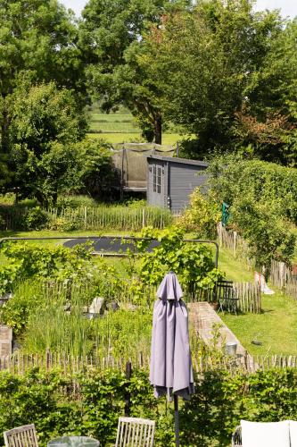 a garden with an umbrella in the grass at B&B Maas en Heuvel Maastricht in Maastricht