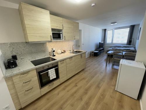 uma cozinha com armários de madeira e uma sala de estar em Čenětická Apartment em Praga