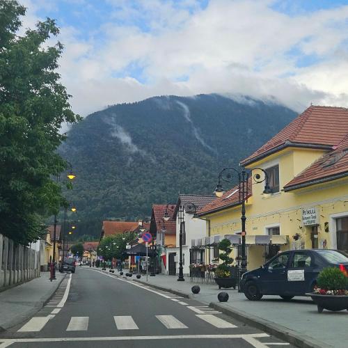 a street in a town with a mountain in the background at Apartment Zarnesti City Centre VMP Free Parking in Zărneşti