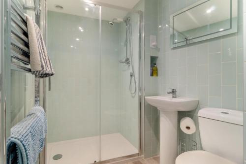 a bathroom with a shower and a toilet and a sink at Vincent Studio in Snape