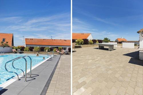two pictures of a swimming pool with a table and a picnic table at 5633-Gudhjem-Kirkevej-10-lejl-19 in Gudhjem