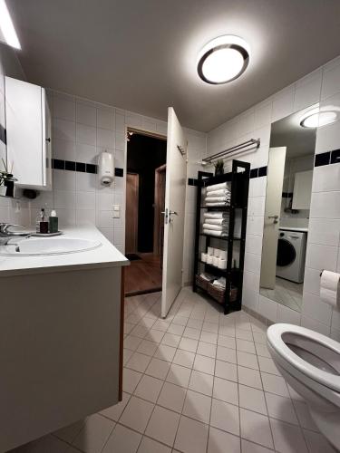a bathroom with a sink and a toilet at Large and airy penthouse, including parking! in Sandnes