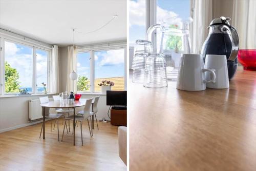 two pictures of a kitchen and a dining room with a table at 5642-Gudhjem-Kirkevej-10-lejl-5 in Gudhjem