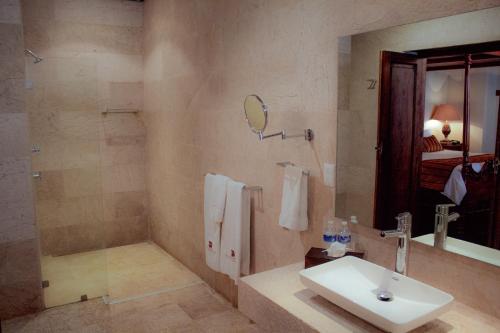 a bathroom with a sink and a shower at Mansion de los Sueños in Pátzcuaro