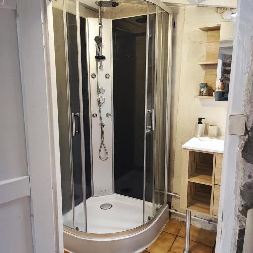 een douche met een glazen omhulsel in een badkamer bij Chalet atypique in Anglès