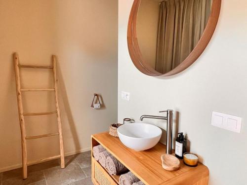 a bathroom with a sink and a mirror at De Poverleute in Kortrijk