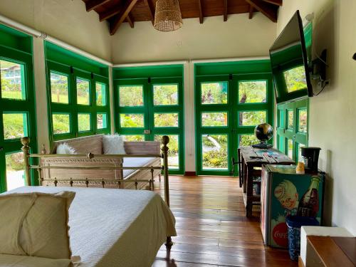 a bedroom with green walls and windows and a bed at Hotel Lago Valdivia in Jardin