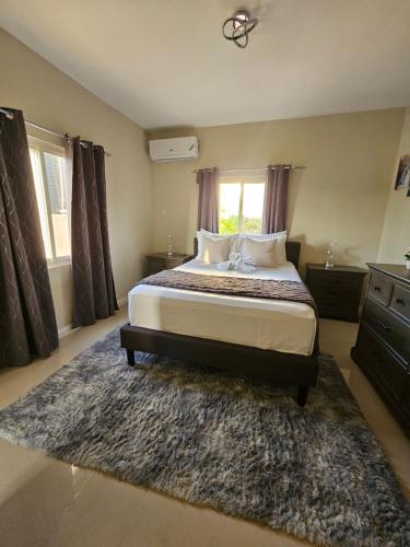 a bedroom with a large bed and a rug at Tranquility Loft in Ocho Rios