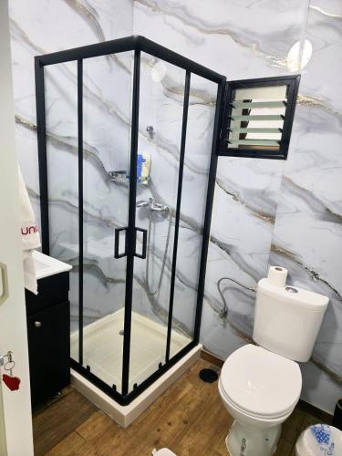 a bathroom with a toilet and a marble wall at bali carmel zimmer & spa in Dāliyat el Karmil