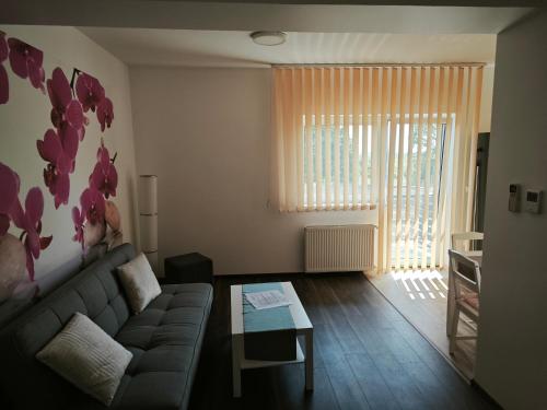 a living room with a couch and a table at Otthonos lakás in Kerepes