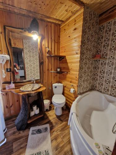 baño de madera con bañera y aseo en Cabana Micutu, en Sebeş