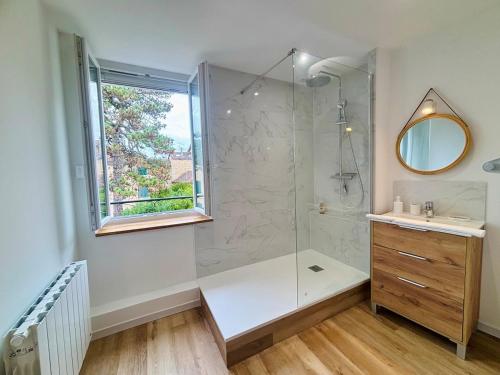 ein Badezimmer mit Dusche, Waschbecken und Spiegel in der Unterkunft La Pinède, Proche gare, Centre ville, Netflix in Bourgoin