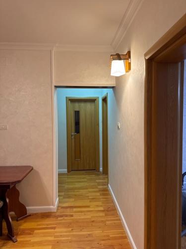 a hallway with a door and a wooden floor at Apartment for rent in Baile Herculane in Băile Herculane