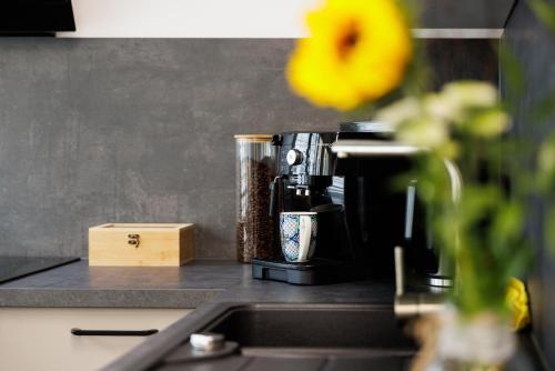 a coffee maker sitting on top of a kitchen counter at Loft im Zentrum von Bad Hersfeld mit modernem Design und offenem Wohnkonzept "Badestube" in Bad Hersfeld