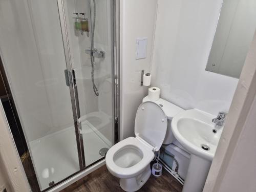 a bathroom with a shower and a toilet and a sink at Glasgow House in Glasgow