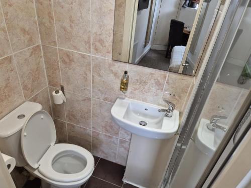 a bathroom with a toilet and a sink and a mirror at Glasgow House in Glasgow