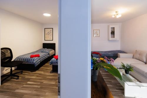 Postel nebo postele na pokoji v ubytování Apartment auf dem Petersberg mit Parkplatz "Access"