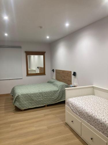 a bedroom with two beds and a mirror at Studio&Rooms Ortuzar in Durango