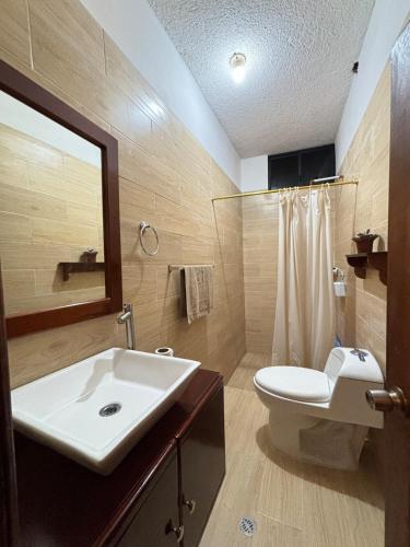 a bathroom with a sink and a toilet and a mirror at casa del sol in Tena