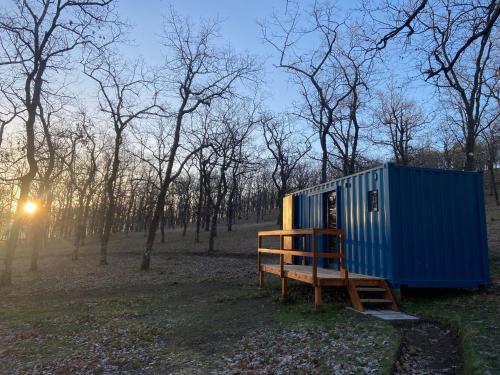 a blue tiny house in the middle of a forest at El Roble Glamping - Cabaña Container - Pet Friendly in Lagunilla
