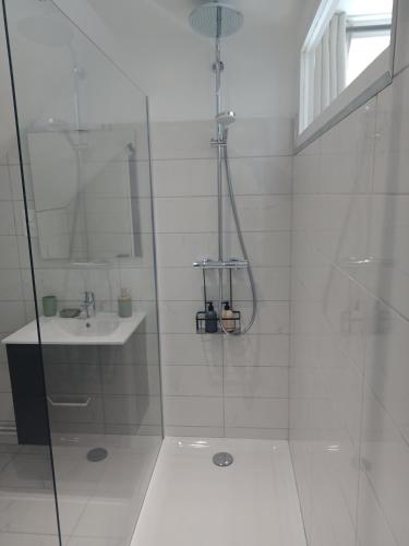 a white bathroom with a shower and a sink at Appartement Lilas in Saint-Père