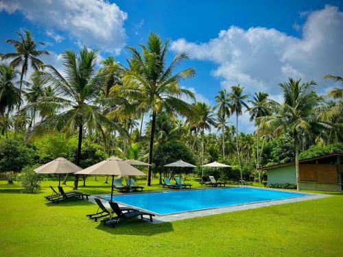 un complejo con piscina y palmeras en Ambarella Lodge - Katunayake, en Hunumulla