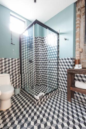 a bathroom with a shower with a toilet at Casa 212 con WIFI alta velocidad y estacionamiento in Puebla