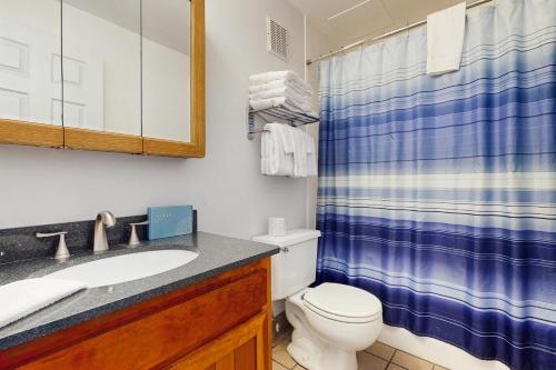 Un baño con inodoro, lavabo y ducha. en Laurel Inn Condominiums - Gatlinburg Getaway, en Gatlinburg