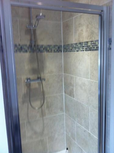 a shower with a glass door in a bathroom at East Dunster Deer Farm B&B in Tiverton