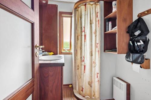 a bathroom with a sink and a shower curtain at FY267-Faaborg-Horsehoved-37 in Fåborg