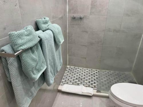 a bathroom with a shower with towels and a toilet at Villas de Playa II in Jayuya