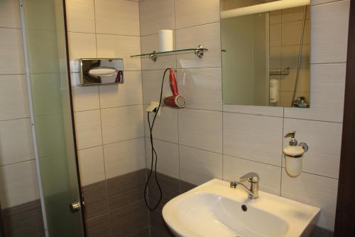 a bathroom with a sink and a mirror at Broliu Vila in Druskininkai