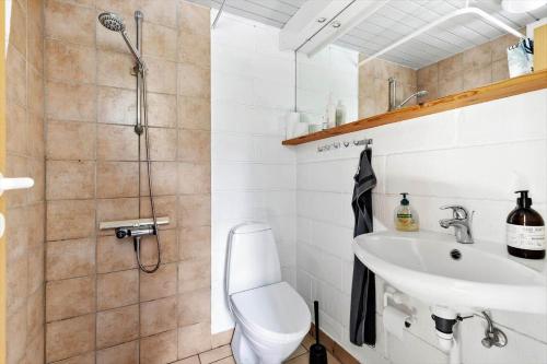 a bathroom with a shower and a toilet and a sink at 3646-Nexo-Frederiksvej-8 in Neksø