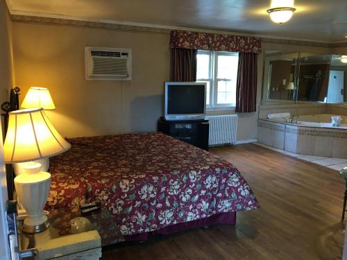 Schlafzimmer mit einem Bett, einem TV und einer Badewanne in der Unterkunft Colonie Inn and Suites in Latham