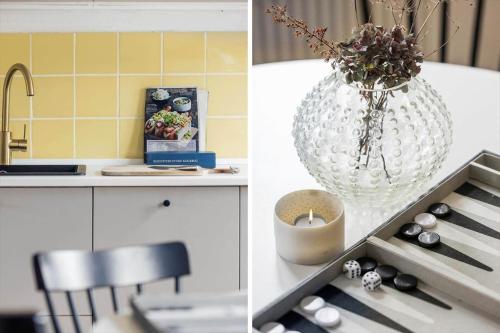 two pictures of a kitchen with a vase with flowers at 5619-Svaneke-Hans-Thygesensvej-1 in Svaneke