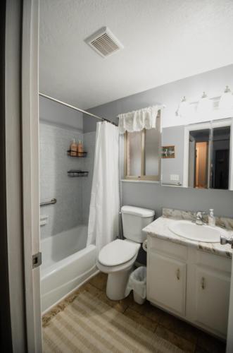 a bathroom with a toilet and a tub and a sink at Bright and Peaceful Apt in Midvale in Midvale