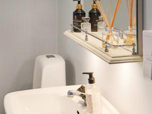 a bathroom sink with a soap dispenser and bottles on a shelf at 5 person holiday home in BÅSTAD in Båstad