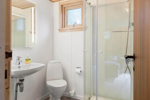 a bathroom with a toilet and a sink and a shower at HA374-Saeby-Klitvej-12 in Sæby