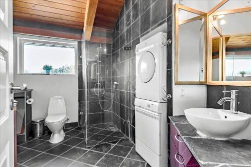 a bathroom with a sink and a toilet and a mirror at FY144-Middelfart-Vegavej-40 in Middelfart