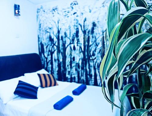 eine weiße Couch mit zwei Kissen und einer Pflanze in der Unterkunft Adams Green View Cottage in Ella