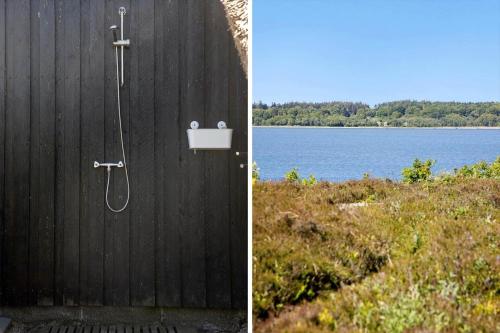 two pictures of a shower on a fence with a body of water at LF14160-Roslev-Pinen-52 in Roslev