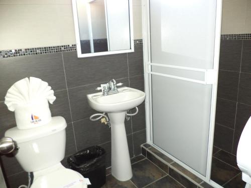 a bathroom with a toilet and a sink and a mirror at Hotel Los Altos in Tijuana