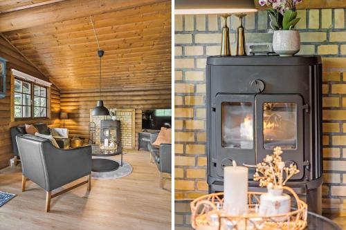 a living room with a wood stove in a room at LF14362-Roslev-Nautrupvej-62 in Roslev